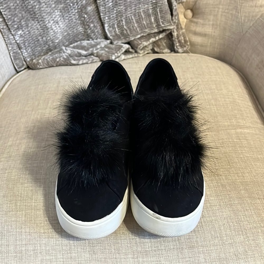 Steve Madden black pom pom slip on tennis shoe